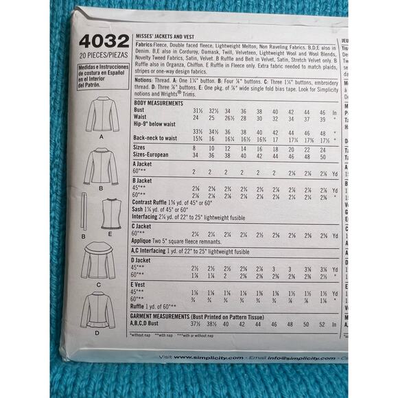 Simplicity 4032 pattern fleece jacket vest size 8 10 12 14 16 - Picture 4 of 5